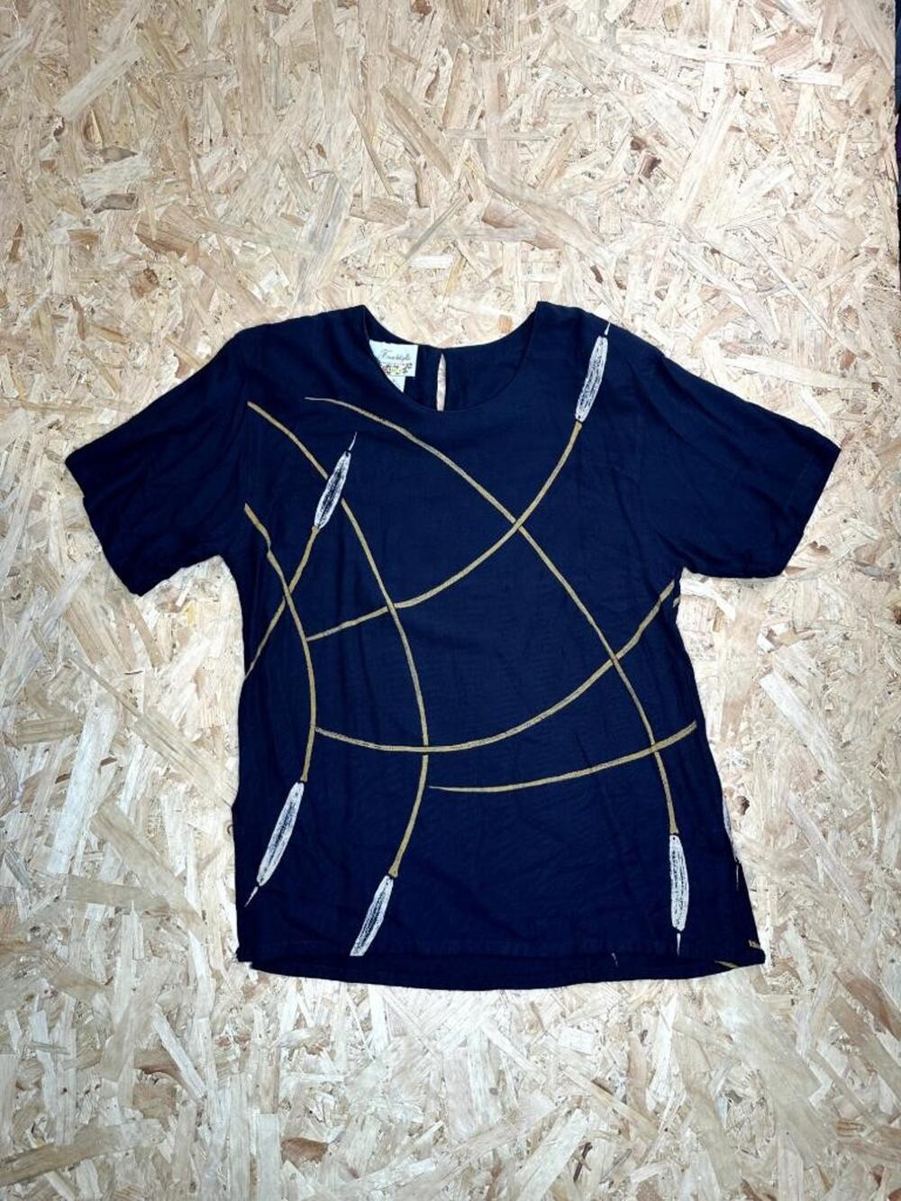 Freestyle Original Collection Vintage Rayon Blouse Womens Large Navy Cattail Art